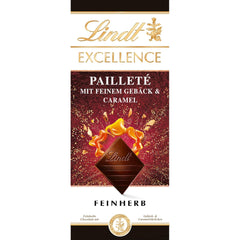 Lindt EXCELLENCE Těsto s flitry a karamelem - jemná hořká čokoláda s intenzivní příchutí kakaa