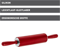 Originální Kaiser Original Kaiserflex Red Teigroller Silikon 49 x 6,5 cm, Nudelholz Silikon mit Metallkern, Ergonomische Griffe, hitzebeständig bis 200°C, rot