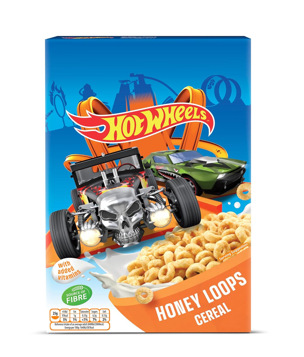 Hot Wheels Honey Loops Crunchy Celozrnné snídaňové cereálie s přidanými vitamíny, 1 balení (1 x 375 g)