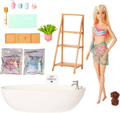Barbie Self-Care Series, Confetti Bath, păpușă Barbie cu păr blond, costum de baie, cățeluș, 2 pachete de săpun Confetti, accesorii Barbie, 1X păpușă Barbie inclusă, potrivită ca un cadou, Hkt92 Papusi Naty Shop