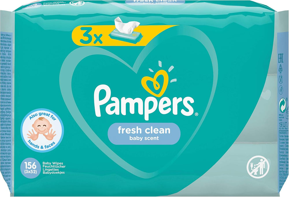 Pampers Fresh Clean Dětské ubrousky 81688041, 3x52 kusů, (dětské ubrousky, plastový sáček, dívka/chlapeček, tyrkysová, bílá, Německo, 896,7 g)