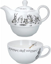 Set ceainic și ceașcă Alice în Țara Minunilor pentru 1 persoană în cutie cadou, serviciu de ceai din porțelan fin, alb, 250 ml