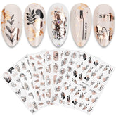JMEOWIO Nagelsticker Rose Gold Schwarze Blume 12 Blatt Nail Art Sticker Selbstklebend Nagelaufkleber Frühlings Linie Abstraktes Blatt Dekoration Nageldesign Zubehör