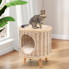 Katzenhaus Rattan, Katzenmöbel mit Holzbeinen & weichem Kissen, 3 in 1 Katzenhöhle Fußhocker Nachttisch, Katzenbett stabil bis 30 kg für Wohnzimmer Schlafzimmer