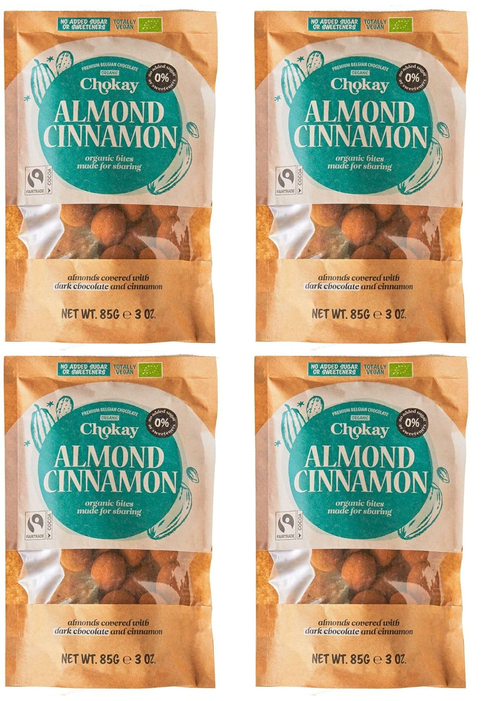 Sada 4 bio kousků - skořicové mandle/skořicové mandle v belgické hořké čokoládě/bez přidaného cukru, bez sladidel/VEGAN & FAIR TRADE / 4 x 85g