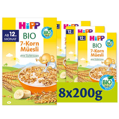 HiPP bio müsli se 7 zrny (8 x 200 g), od 12 měsíců, bez přidaného cukru, extra jemné kousky - snadné žvýkání, nejlepší bio kvalita
