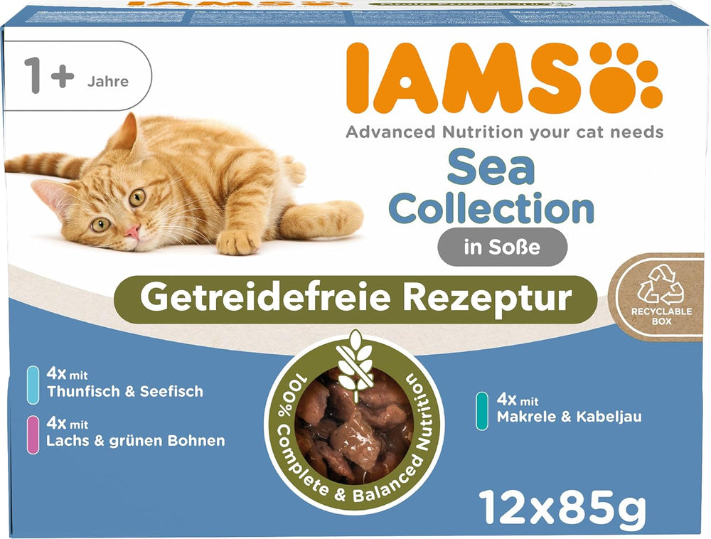 IAMS Delights Sea Collection Hrană Umedă pentru Pisici fără Cereale - Pachet Multiplu cu Varietăți de Pește în Sos, Hrană Umedă fără Cereale pentru Pisici de la 1 An, 12 x 85g