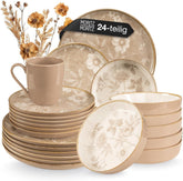 Set de veselă din gresie Moritz & Moritz MARIELLA pentru 6 persoane, 24 de piese - Veselă modernă bej cu un design jucăuș, serviciu de cafea ușor de întreținut cu farfurii, boluri și cești - Set combinat