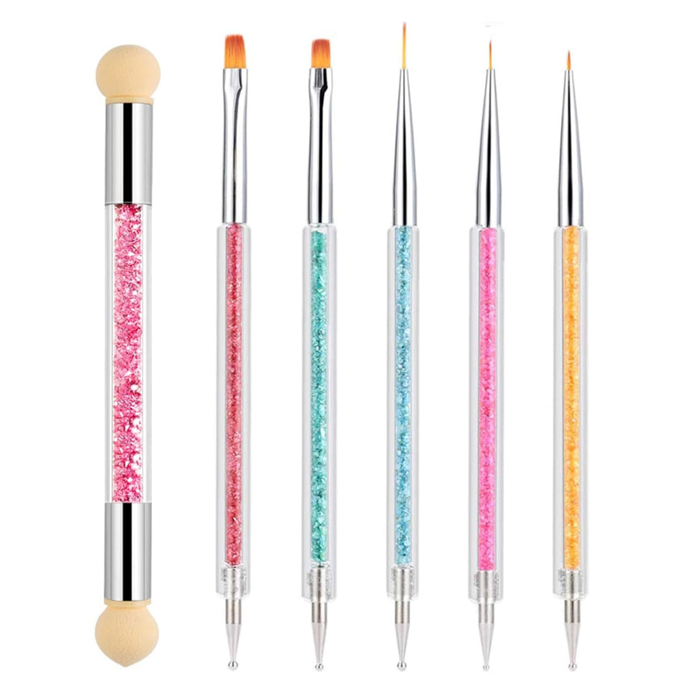 6 Stück Nagel Pinsel Set, Doppel-Ende Nageldesign Pinsel, Acryl Nail Art Pinsel Set Nail Art Liner Pinsel Dotting Tool Für DIY Nail Art Design (Mit 1 Schwammbürste)