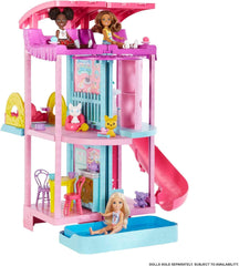 Barbie Chelsea Playhouse - 3 etaje cu funcție de transformare, zone de joacă secrete, lift, piscină, tobogan, 2 animale de companie și mai mult de 20 de accesorii, pentru copii cu vârsta de peste 3 ani, HHX44 Casute de papusi Naty Shop
