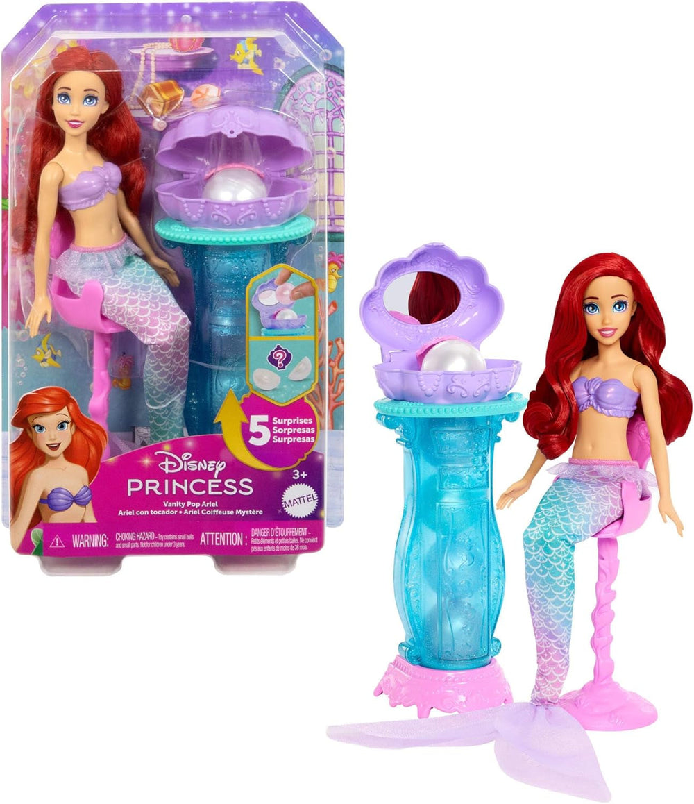 Mattel Disney Princess Toys, Make-up Shell Mermaid Panenka Arielle Fashion s odnímatelným ocasem, Makeup Table s 5 opakovatelnými vyskakovacími překvapeními a 5 doplňky, Panenky JBF86 Sada Naty Shop Ariel