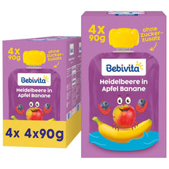 Sáčky s borůvkami, jablky a banány - 16 (4 balení, každá 4 x 90 g), bez přidaného cukru, bez lepku, ideální pro s sebou a svačiny na cestách