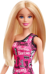 Păpușă Barbie Fashion cu păr blond drept într-o rochie extensibilă roz cu un umăr și pantofi cu logo imprimat, HRH07 Papusi Naty Shop