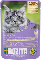 Hrană umedă pentru pisici Bozita Senior 8+ Mound cu cereale și mult pui - 12 pliculețe x 85g, hrană umedă pentru pisici fără cereale și grâu - Hrană umedă pentru pisici cu 8,5% proteine și 4,5% grăsimi