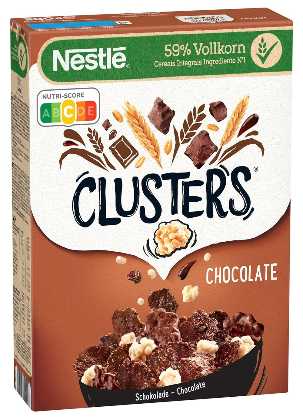 Nestlé CLUSTERS Čokoláda, Cereálie vyrobené z 59 % celozrnných, s čokoládou a mandlemi, obsahuje vitamíny, vápník a železo, 1 balení (1 x 330 g)