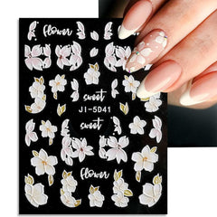 JMEOWIO 3D Nagelsticker Frühling Blume Nail Art Sticker Selbstklebend Nagelaufkleber 5D Stereoskopisch Buntes Sommer Blumen Dekoration Nageldesign Zubehör 4 Blatt