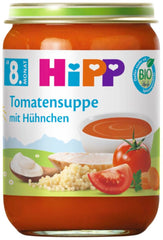 Supă de roșii cu pui HiPP organică (6 x 190g), de la 8 luni, fără sare adăugată, cu bucățele mici - pentru învățarea mestecării, cu Omega 3, de cea mai bună calitate organică