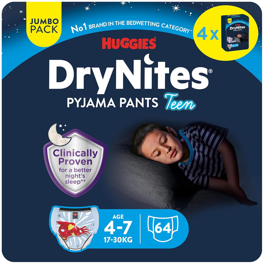 Absorpční pleny na noční pomočování DryNites pro chlapce 4-7 let (17-30 kg), Jumbo měsíční balení, počet 64