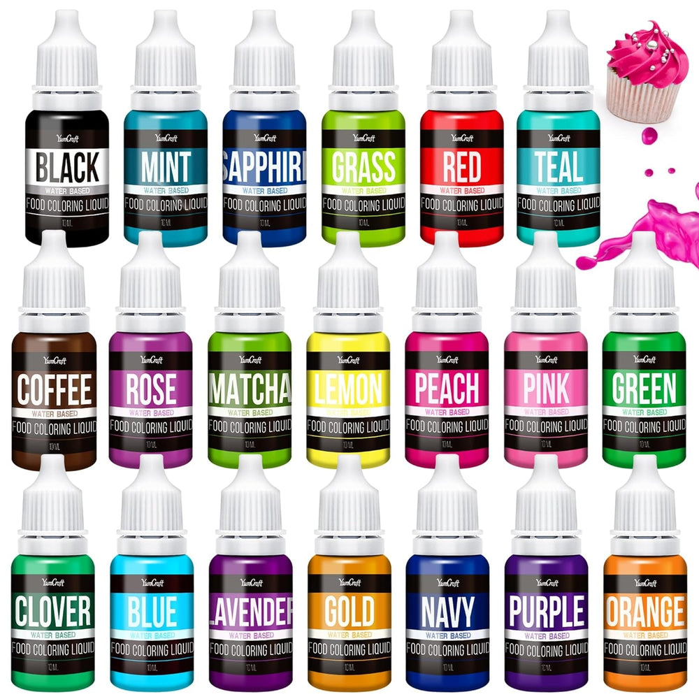 Potravinářské barvivo – 20 barev Vysoce koncentrované tekuté potravinářské barvivo na dorty, pečení, velikonoční vajíčka, nápoje – Potravinářské barvivo bez cukru na fondán, polevu, sliz, zdobení dortů – 10 ml každý