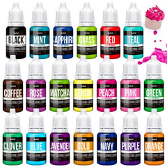 Potravinářské barvivo – 20 barev Vysoce koncentrované tekuté potravinářské barvivo na dorty, pečení, velikonoční vajíčka, nápoje – Potravinářské barvivo bez cukru na fondán, polevu, sliz, zdobení dortů – 10 ml každý