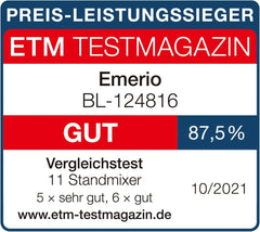 Emerio Standmixer BPA Frei Crush Ice Funktion 1,5 l Behälter 2 Geschwindigkeiten + Pulse Funktion Messereinheit Aus Edelstahl Sicherheitsschalter Geschirrspülgeeignet 500 Watt BL-12816.8 Schwarzp.