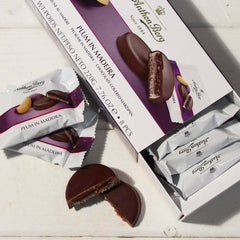 Švestka na Madeiře – 220 g – Marcipánová specialita s ovocem a alkoholem – 8 mincí z hořké čokolády se švestkovým želé a madeirským vínem – Tip na dárek