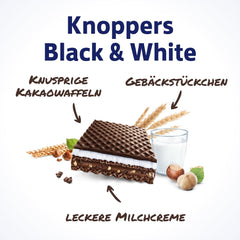 White and Black Knoppers – 8 x 25g – Oplatkové plátky plněné tmavými kakaovými oplatkami, kousky černých sušenek, mlékem a nugátovým krémem