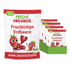 FRECHE FREUNDE Bio jahodové chipsy, mrazem sušené ovocné chipsy, přírodní sušené ovoce nakrájené bez přidaného cukru, veganské, bez laktózy, bez lepku, balení 12 ks (12 x 12 g)