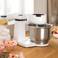 Bosch Küchenmaschine Serie 2 MUMS2EW00, Edelstahl-Schüssel 3,8 l, Planetenrührwerk, Knethaken, Schlag-, Rührbesen Edelstahl, 4 Arbeitsstufen, Durch Optionales Zubehör Erweiterbar, 700W, Weiß Kitchen