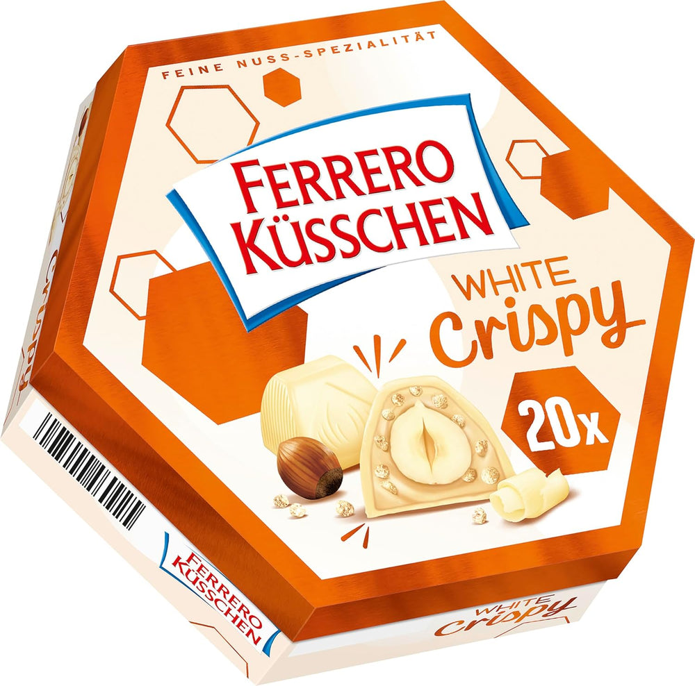 Ferrero Küsschen White Crispy - Valentýnský dárek pro něj a pro ni - Křupavé pražené lískové oříšky ve světlém krému s křupavými lupínky, pokryté bílou čokoládou, 1 balení 20 kusů jednotlivých pralinek