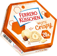 Ferrero Küsschen White Crispy - Valentýnský dárek pro něj a pro ni - Křupavé pražené lískové oříšky ve světlém krému s křupavými lupínky, pokryté bílou čokoládou, 1 balení 20 kusů jednotlivých pralinek