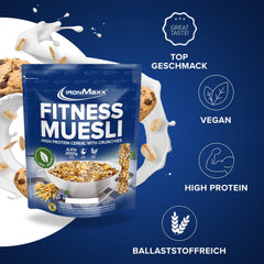 IronMaxx Fitness Müsli - Cookies & Cream, pytel 2 kg | Veganské müsli bohaté na bílkoviny s křupavým obsahem | Nízký obsah cukru a vysoký obsah vlákniny