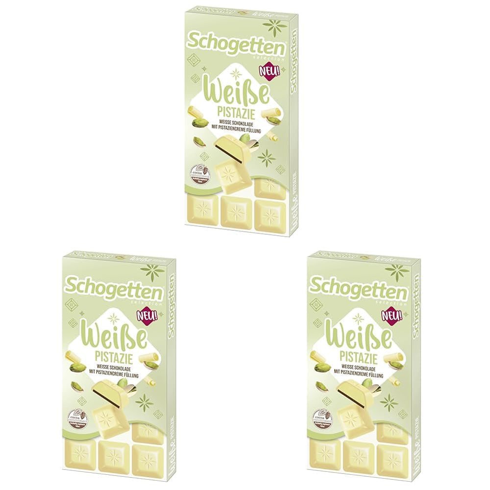 Schogetten Fistic Alb | Ciocolată albă cu umplutură de cremă de fistic | 100 g | Porționat convenabil (pachet de 3)