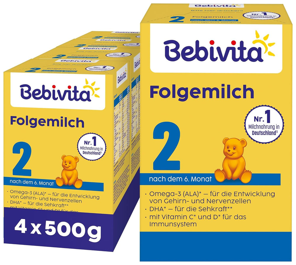 2 Folgemilch (4 x 500 g), nach dem 6. Monat, s vitamínem C a D, Omega-3 (DHA), altersgerecht sattigend