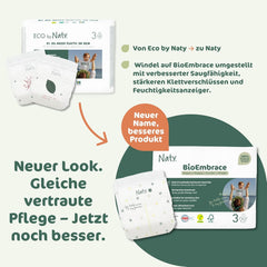 Dětské plenky Naty BioEmbrace, velikost 3 (4–9 kg) | 100% rostlinné materiály, šetrné k pokožce | Prodyšná měkkost, dermatologicky testováno, výborná vstřebatelnost | 100 ks.