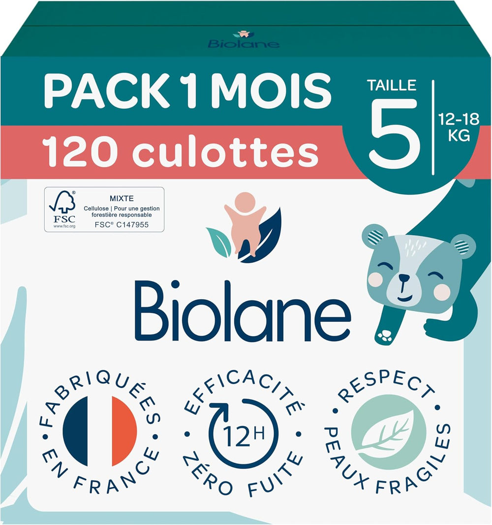 BIOLANE - Krátké plenky - Velikost 5 (12-18 kg) - těsnost 12 hodin - balení 1 měsíc - 120 plen - ekologické
