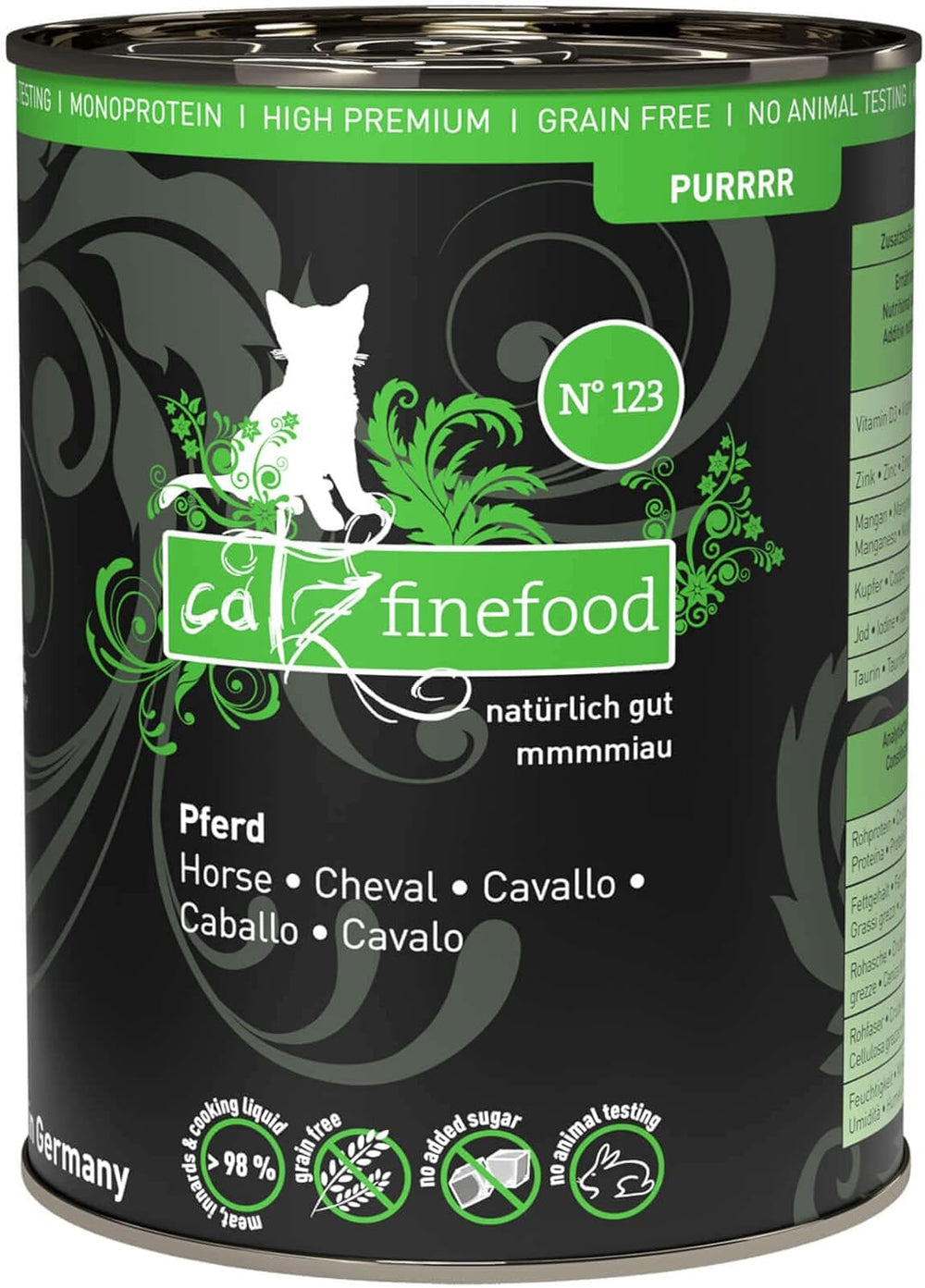 Hrană umedă pentru pisici Catz Finefood Purrrr Horse Monoprotein nr. 123, pentru pisici cu digestie sensibilă, conținut de carne de 70%, 6 cutii x 400 g