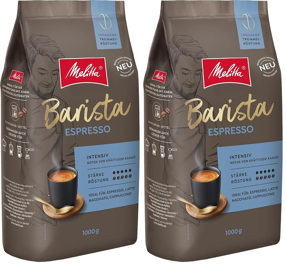 Melitta Barista Classic Espresso, Boabe de cafea întregi 1kg, Nemăcinate, Boabe de cafea pentru espressoare automate, Prăjire puternică, Intensitate 5 (Pachet de 2)