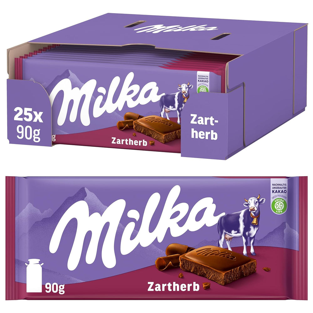 Milka Zartherb - alpská hořká mléčná čokoláda s jemným nádechem kakaa v multibalení - 25 x 90g