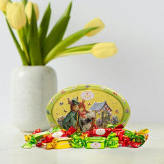 Dárková krabička na velikonoční přání Heidel 183g, prémiová pralinka z mléčné čokolády s ozdobnou kovovou krabičkou, ideální jako velikonoční dárek