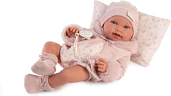 Antonio Juan Puppen für Neugeborne, Winterpfeife, realistické babypuppe, 42 cm, s růžovým oblečením, dudlík a polštář v ceně