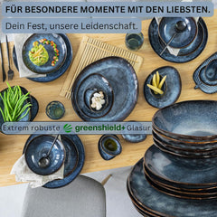 Sänger | Set de veselă Tokyo cu 36 de piese, veselă pentru 12 persoane, set de veselă din gresie, modern lucrat manual, veselă albastru închis cu accente negre | COLECȚIA PREMIUM