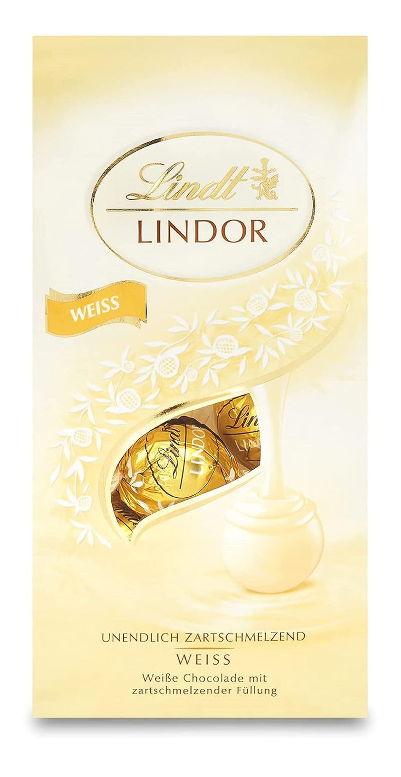 Lindt bílé čokoládové kuličky LINDOR | 137g sáček | Přibl. 10 bílých čokoládových kuliček s náplní rozplývající se v ústech | Čokoládový dárek | Čokoládový dárek