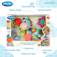 Pachet cadou cu activități Playgro Clip Clop Sensory Garden – jucărie senzorială pentru grădină pentru bebeluși de la 0 luni – jucărie interactivă cu zornăitoare, inel de dentiție și prieten pentru cărucior – 4 piese