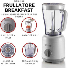Ariete Breakfast 586 Blender, Elektrischer Mixer Mit 4 Edelstahlklingen, 2 Geschwindigkeiten + Pulse-Funktion, Anti-Rutsch-Füße, Aufsatzdeckel, 1,5 L Fassungsvermögen, 500W, Weiß Mama si Copilul Naty Shop