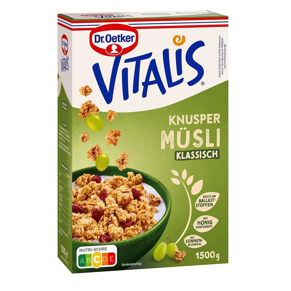 Oetker Vitalis klasické křupavé müsli: velké balení křupavého snídaňového müsli s rozinkami, 1 balení, 1,5 kg