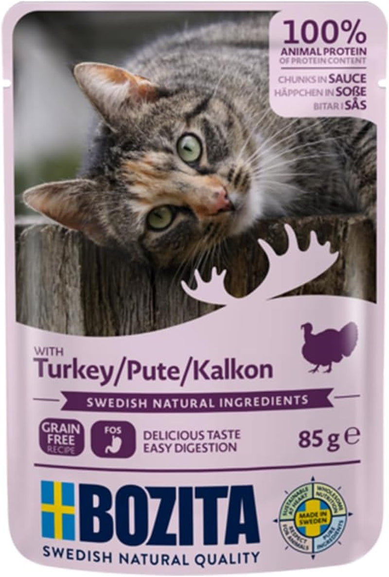 Bozita Pouch Nassfutter Häppchen in Sauce mit Pute - 12x85g Portionsbeutel getreidefreies & weizenfreies Futter für Katzen - Katzennassfutter für erwachsene Katzen mit 8,5% Protein & 4,5% Fettgehalt