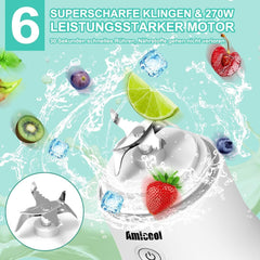 Mixér Smoothie Maker to Go, Mini Standmixer Tragbar Mit 6-Klingen Edelstahl, Enstafter Mit Reisedeckel, USB přenosný mixér Elektrisch 600 ml láhev, Mixer Shaker Slushy Maker Wasserdichter Bucatarie Naty Shop