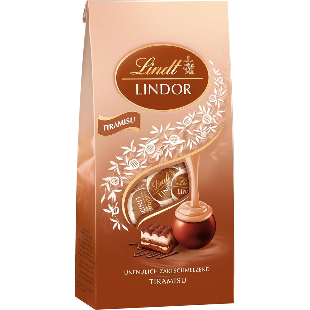 Lindt Čokoláda | LINDOR Tiramisu taška | 137 g | 11 mléčných čokoládových kuliček s náplní tiramisu rozpouštějící se v ústech | Dárek z čokolády