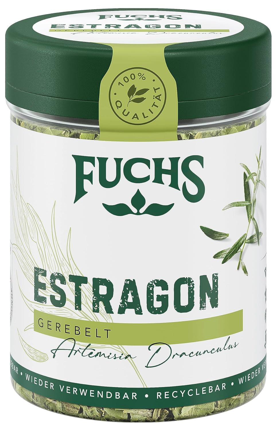 Fuchs Gewürze - Estragon gerebelt - französisches Kraut zur Verfeinerung von Saladen, omáčka Hollandaise oder Rührei - přírodní ingredience - 10 g v wiederverwendbarer, recyclebarer Dávka
